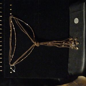 Brown leather tassel necklace with beads copper color strand